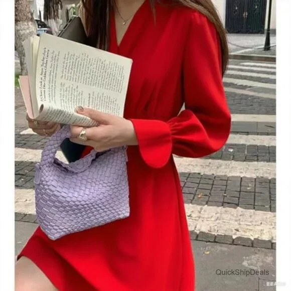 Woven Clutch Purse with Detachable Strap, Faux Leather Crossbody Handbag - Picture 2 of 6